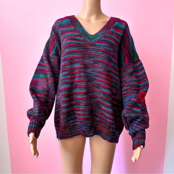 Vintage 90’s Multicolour Handmade V Neck Grunge Baggy Sweater Size XL - Picture 1 of 8